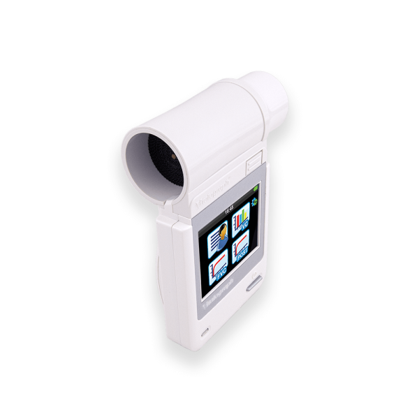 A white Vitalograph Micro Handheld Spirometer with a digital screen, designed for measuring respiratory functions.