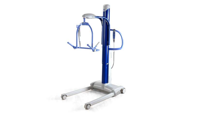 Blue and white patient hoist system with a metal frame, control panel, and rolling castors.