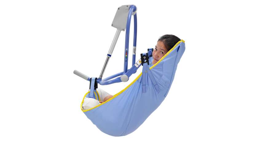 A patient lift sling designed for double amputees, in blue with yellow accents, suspended with a metal frame.