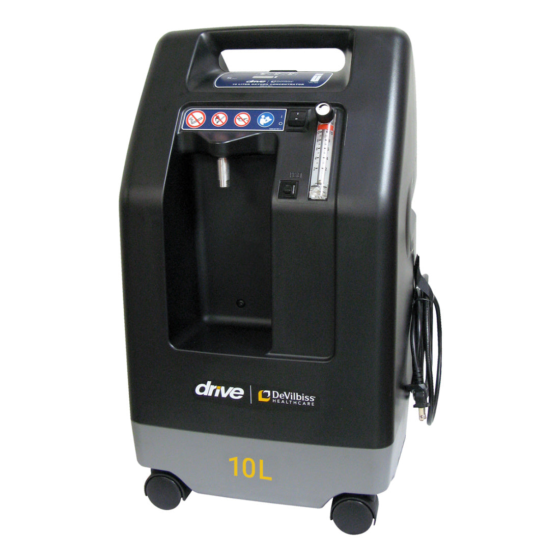 Drive Devilbiss 10 Litre Oxygen Concentrator with black color, digital display, and wheels for mobility.