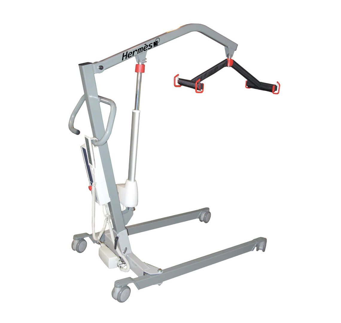 A DeVillbiss Hermes 250 patient lift hoist with a metal frame, scissors mechanism, and wheels.