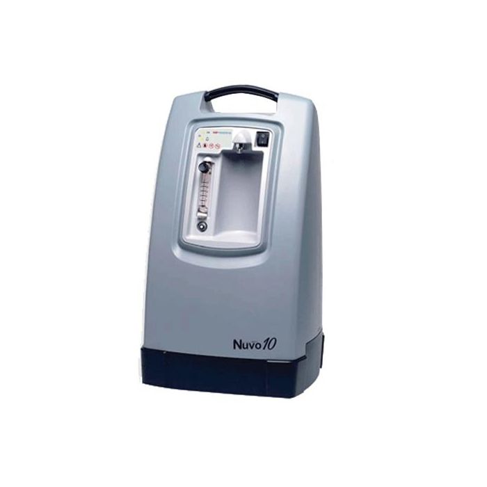 A medical high flow oxygen concentrator, Nidek Nuvo 10, with a digital display, control panel, and a grey exterior.