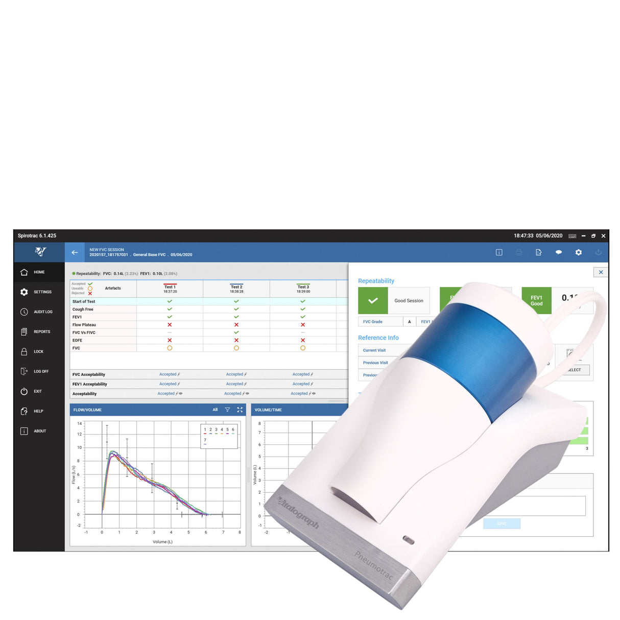 A Vitalograph Pneumotrac Spirometer with a blue and white color scheme is displayed next to a computer screen showing the spirometer's software interface.