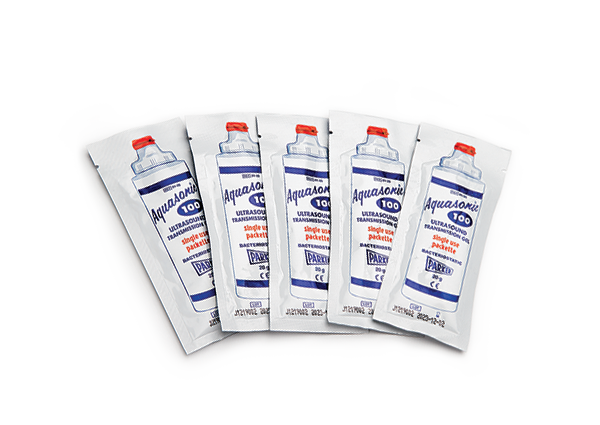 Five 20g single-use packets of Verathon Ultrasound Gel displayed on a white background