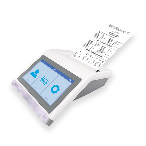 A Vitalograph Alpha Spirometer with a 7-inch screen, interface icons, and a printed report.
