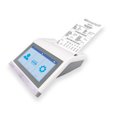 A Vitalograph Alpha Spirometer with a 7-inch screen, interface icons, and a printed report.