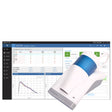 A Vitalograph Pneumotrac Spirometer with a blue and white color scheme is displayed next to a computer screen showing the spirometer's software interface.