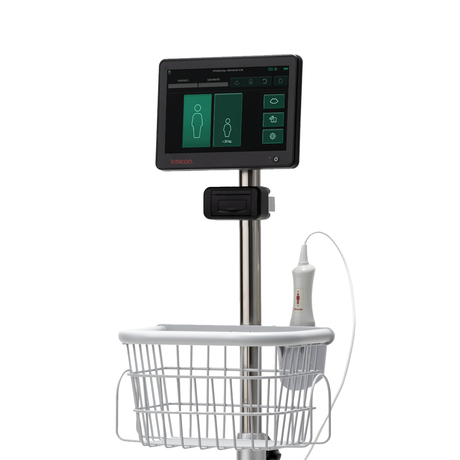 Vitacon Printer attached to the pole of the Vitascan cVue bladder scanner on a white background